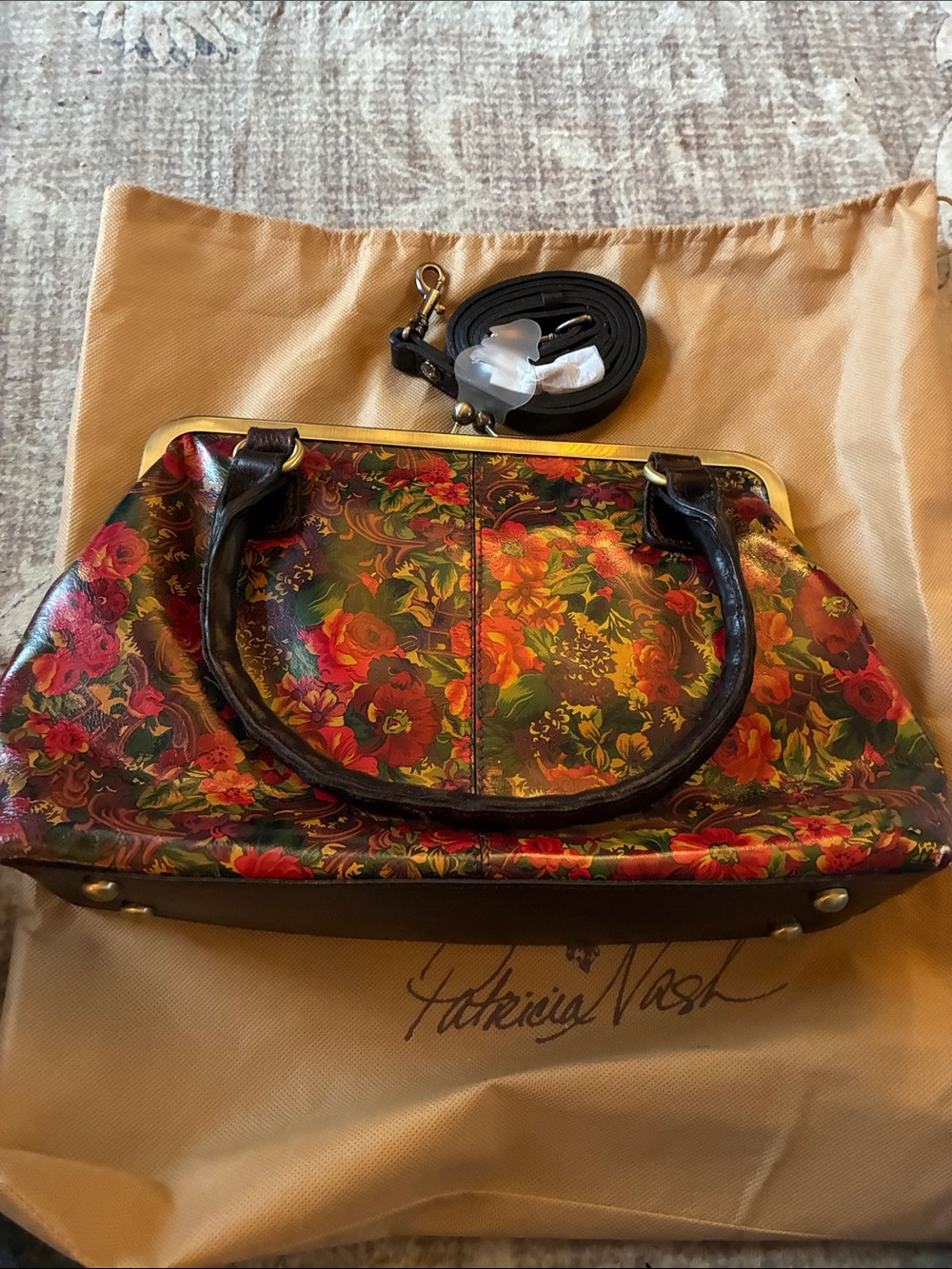 Patricia Nash Rora Floral Frame Satchel in Red, Green, Brown corner wear